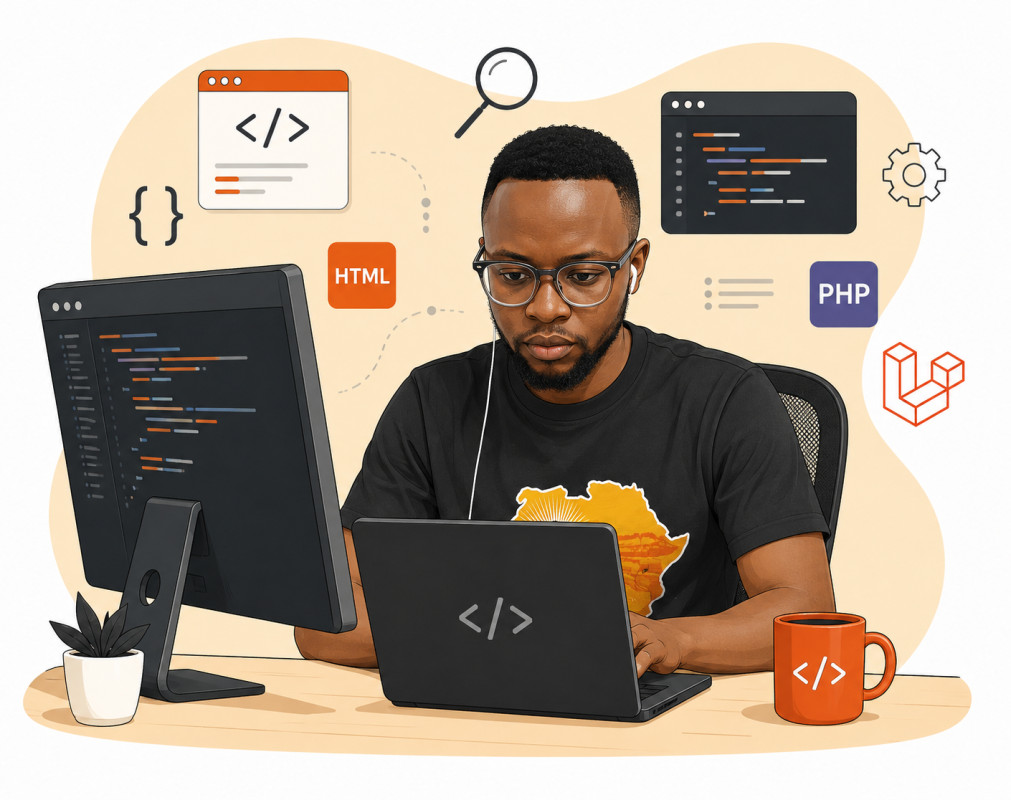 Laravel web application displayed on a laptop with code in the background